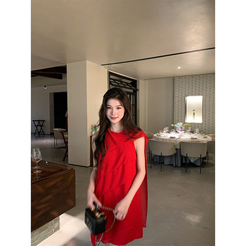黄亮Elovey 浪漫显白不挑肤巴黎红无袖飘带连衣裙显瘦华丽蛋糕裙