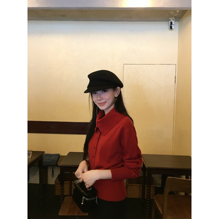 毛衣女显瘦百搭上衣B02 黄亮Elovey 绵羊毛堆领纸片人针织短款