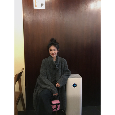 黄亮Elovey【慵懒自洽】羊毛特种纱气质中灰色中长款针织开衫外套