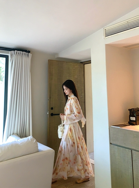 黄亮Elovey【浪漫美学】经典小V领设计秋季枫叶连衣裙长裙C02-3