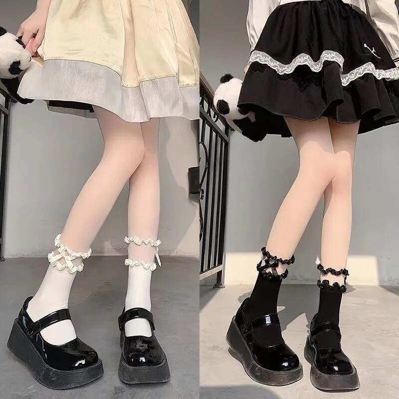 蕾丝花边袜子女生蝴蝶结透气小腿袜压力瘦腿春夏季配小皮鞋jk袜