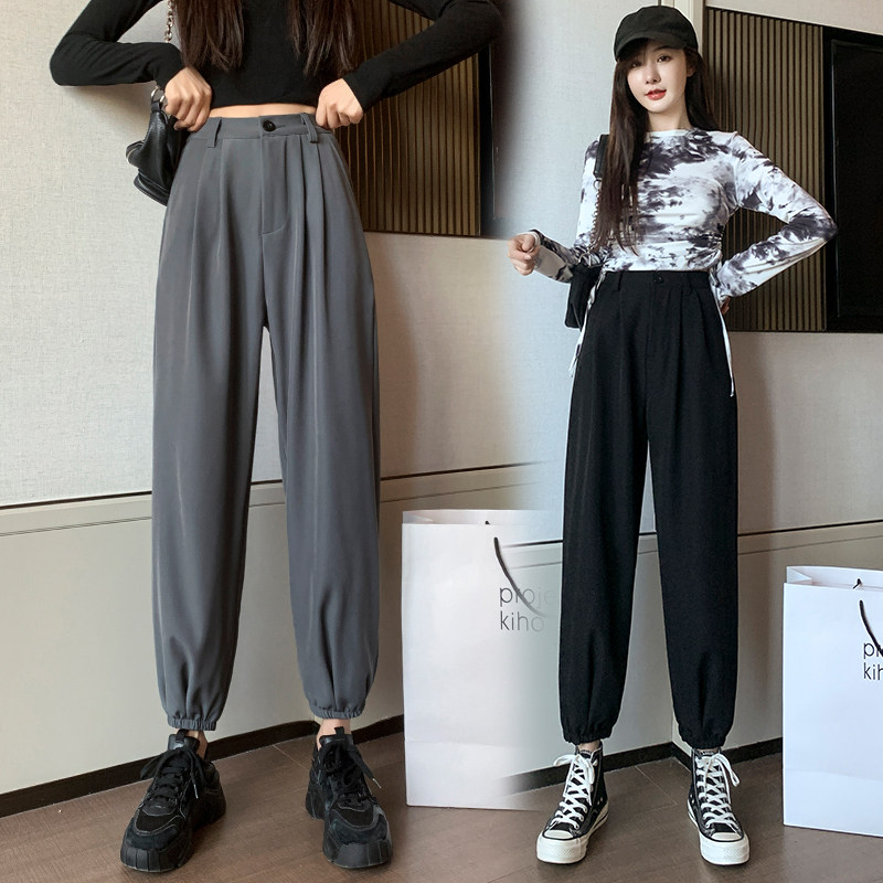 夏季新款韩版黑色休闲西装裤女薄款高腰显瘦直筒宽松垂感阔腿裤子