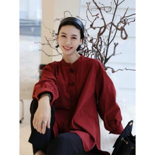 TT设计师【杜鹃】港味覆古大红衬衫微落宽松直身廓形上衣女秋新款