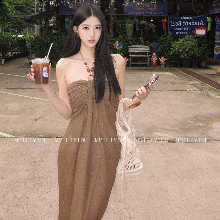 MLYD/定制 大尺码覆古串珠露背挂颈抹胸洋装度假风褶皱显瘦长裙子