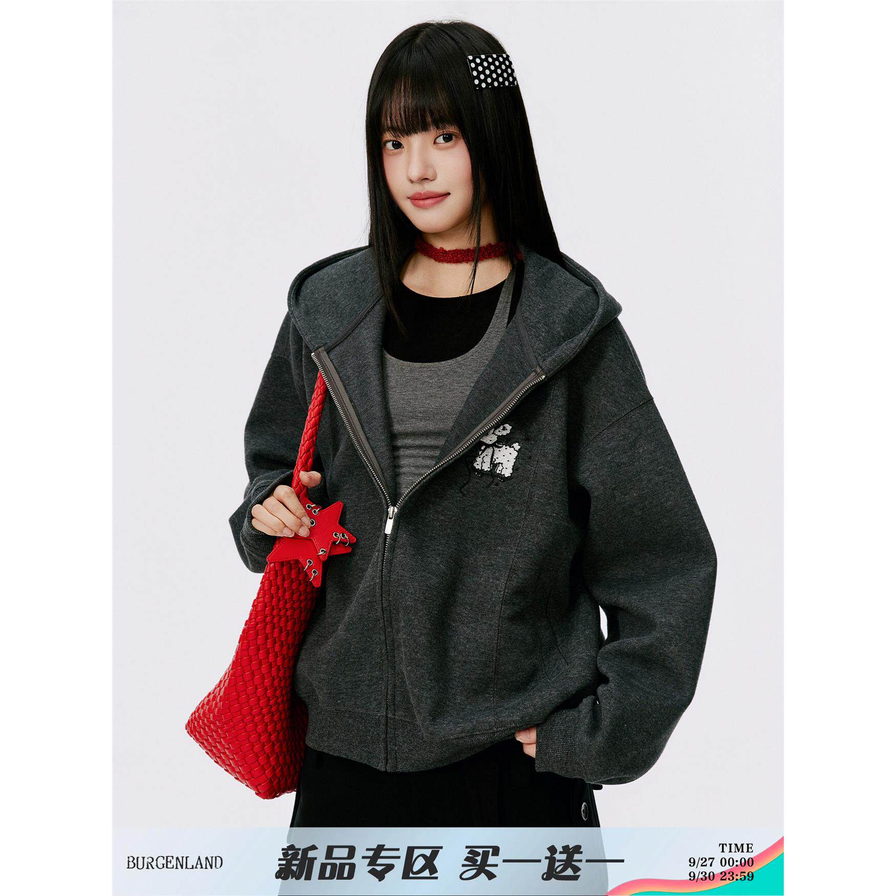 Burgenland卡通小狗连帽外套薄款秋季巨好看韩系拉炼重磅卫衣开衫