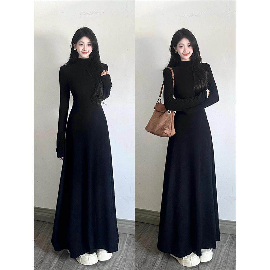 黑色赫本风秋冬连衣裙针织长袖裙子a字新款长裙女大衣内搭小黑裙