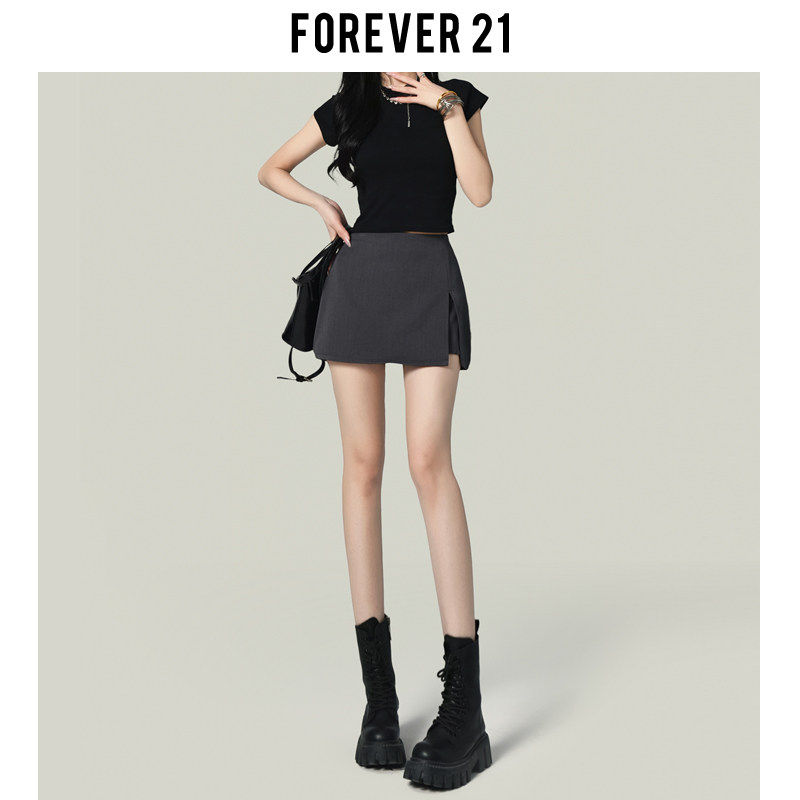 Forever21美式灰色A字开叉西装半身裙女覆古高腰防走光包臀短裤裙