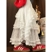 白色蕾丝蛋糕裙女中长版 高腰显瘦a字裙小个子半身裙 春夏2025新款