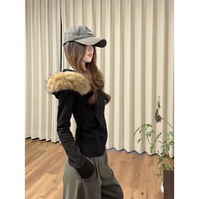 黑色修身毛领卫衣外套女