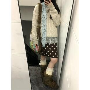 自制日系覆古焦糖色波点高腰中裙女秋学院风系带棕色圆点半身短裙