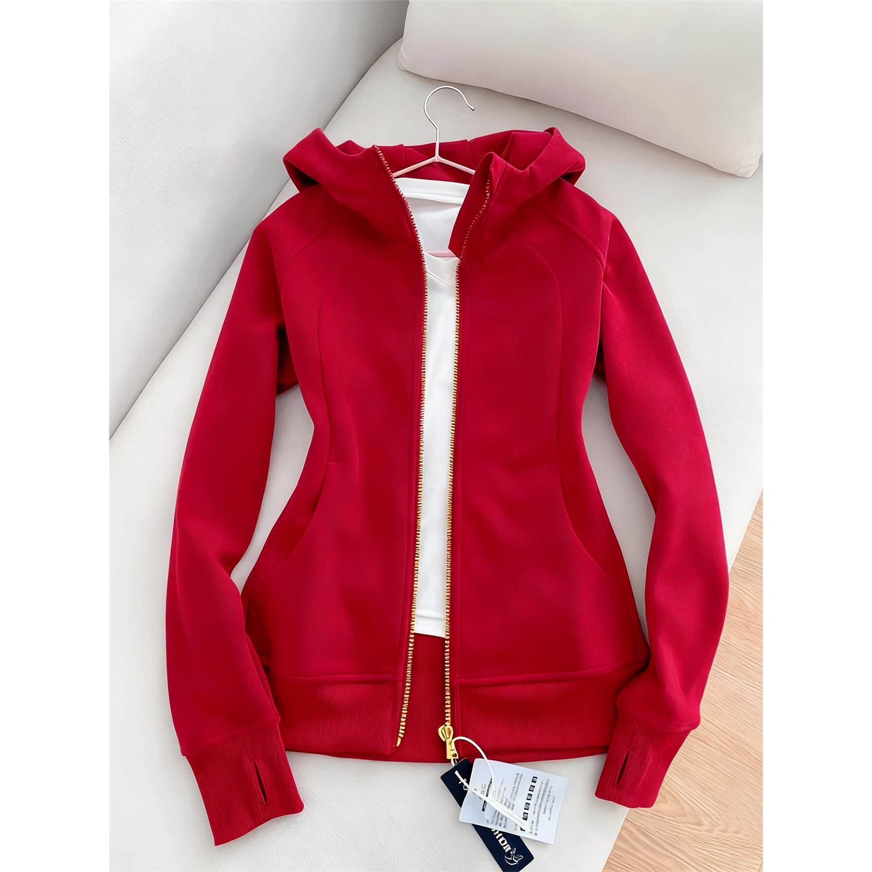 新年红色修身连帽卫衣外套女2025新款入秋季正肩收腰显瘦运动上衣