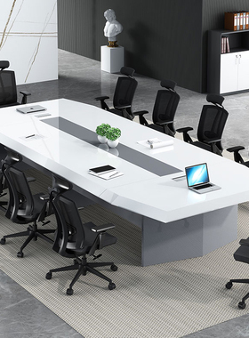 白色烤漆会议桌大型会客长桌时尚简约现代办公室家具洽谈桌椅组合