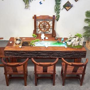 老船木流水茶台茶室会客功夫茶几家用养鱼泡茶桌椅组合原实木茶桌