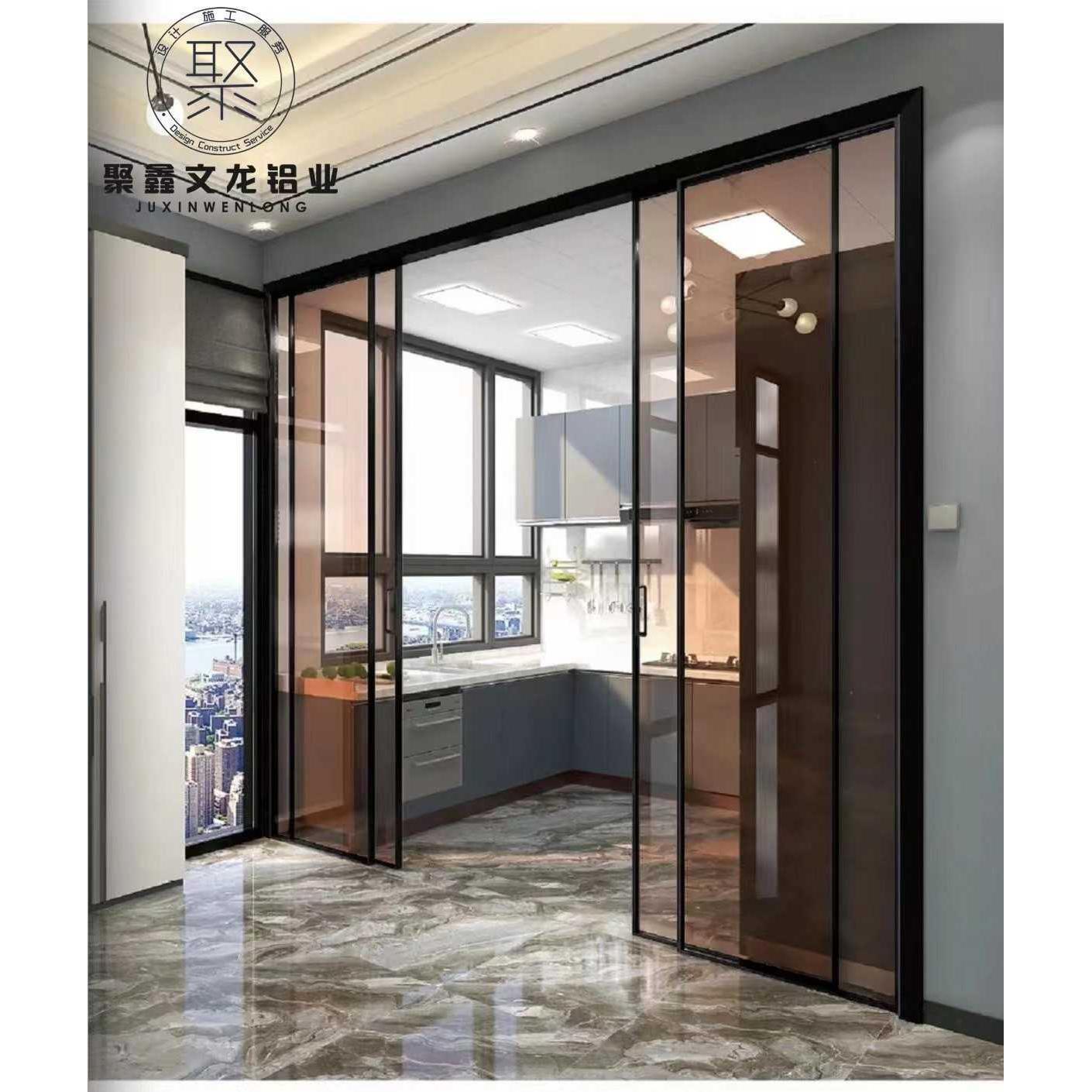 厦门极窄边三联动铝合金厨房阳台客厅推拉门单层玻璃隔断吊趟移门