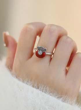 925银复古气质玛瑙福袋铜钱戒指