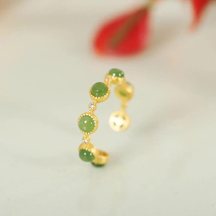 925银七星环碧玉连珠戒指新中式高级感轻奢镀金活口可调节食指戒