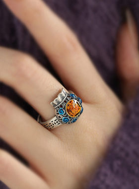 复古925银新中式福袋滴胶戒指女