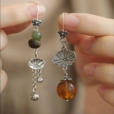 荷叶复古925银新中式女圆珠耳环