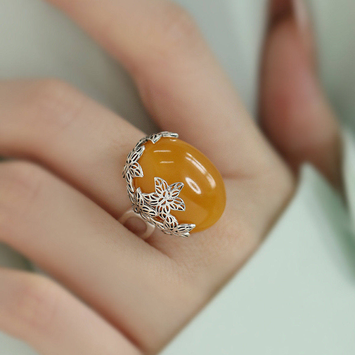 复古925银蜜蜡树叶戒指女新中式小众轻奢高级感民族风开口食指戒