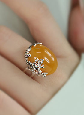 复古925银蜜蜡树叶开口小众戒指