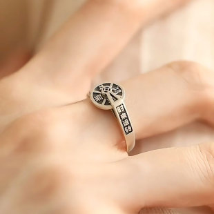 复古925银时来运转金钱戒指新中式做旧开口可转动钱币指环食指戒