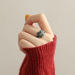 925银复古滴胶孔雀羽毛戒指女新中式小众设计开口可调节食指戒