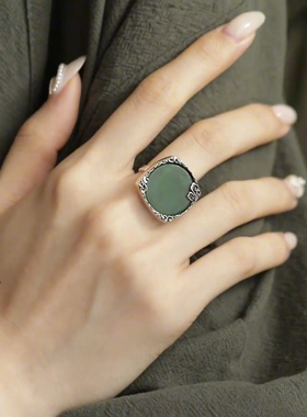 复古925银碧玉圆牌祥云开口戒指