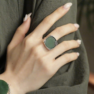 925银圆牌祥云戒指女新中式小众镶和田碧玉开口可调节高级感指环