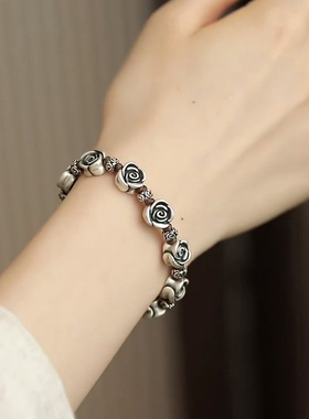 复古925银玫瑰花棕色编织手链女