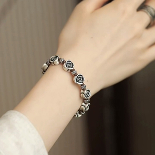 复古925银玫瑰花棕色编织手链女新中式小众简约车轮隔珠百搭手绳