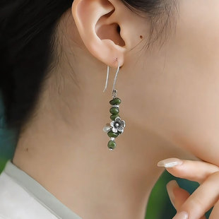 天然碧玉花团锦簇925银新中式耳环复古小众设计感不规则花朵耳饰