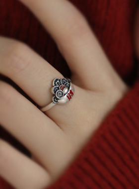 925银复古彩釉铜钱财字开口戒指