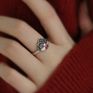 925银复古彩釉铜钱财字戒指女新中式民族风招财进宝小众开口指环