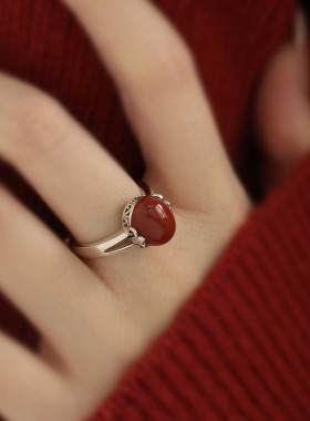 925银复古仿南红玛瑙蛋面戒指