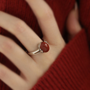 925银复古仿南红玛瑙蛋面戒指民族风小众个性轻奢国风开口食指戒