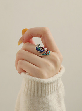 复古925银滴釉锦鲤开口国风戒指