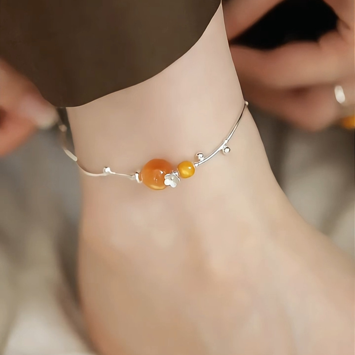 925银新中式小花葫芦蜜蜡脚链女