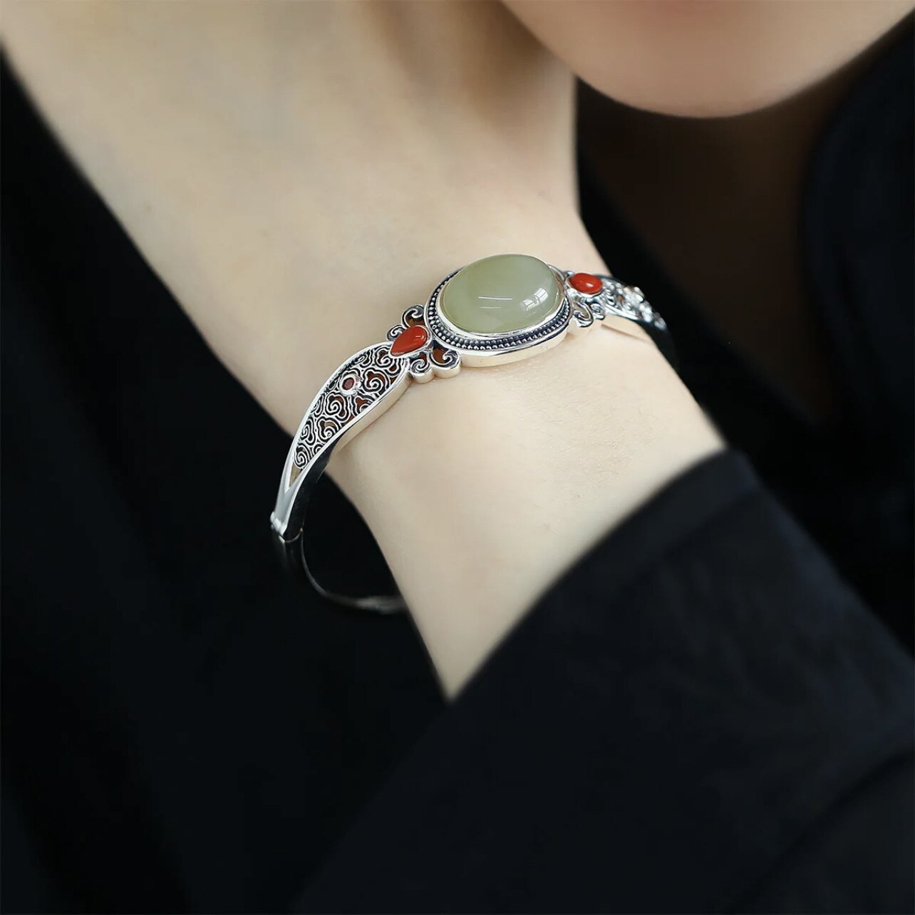 复古925银蛋面和田晴水玉手镯新中式祥云纹做旧百搭轻奢开口手环