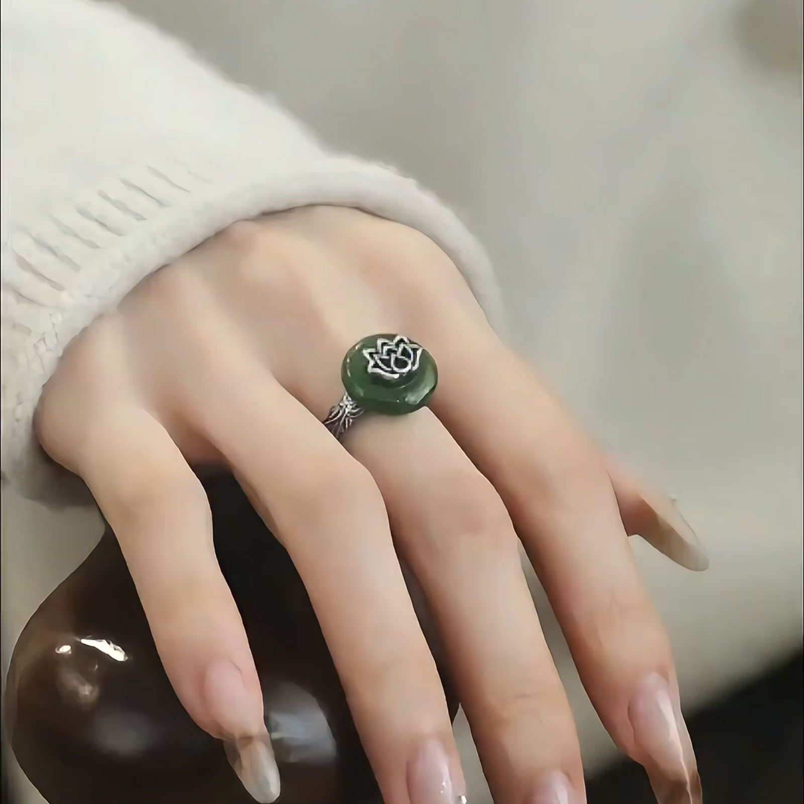 复古新中式925银莲花平安扣戒指