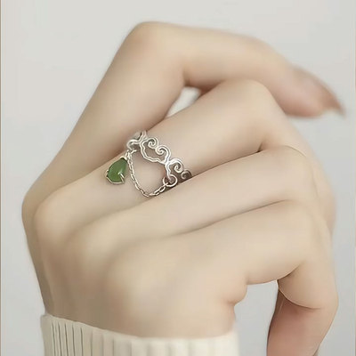 925银新中式碧玉水滴镂空戒指