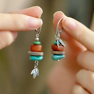 竹叶沉香925银耳环2024新款新中式复古绿松石蜜蜡小众设计感耳坠