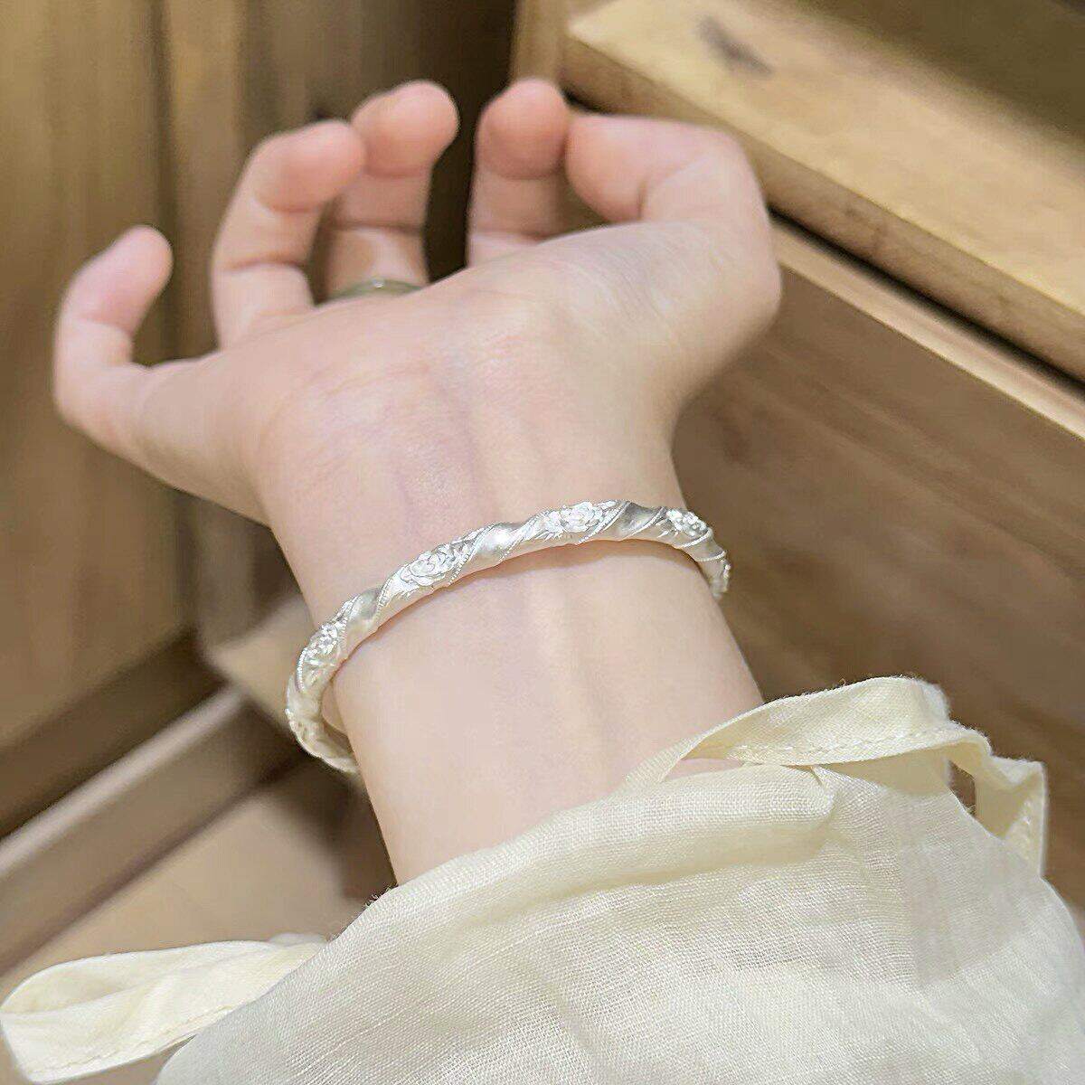 925银玫瑰花纽带开口时尚手镯女