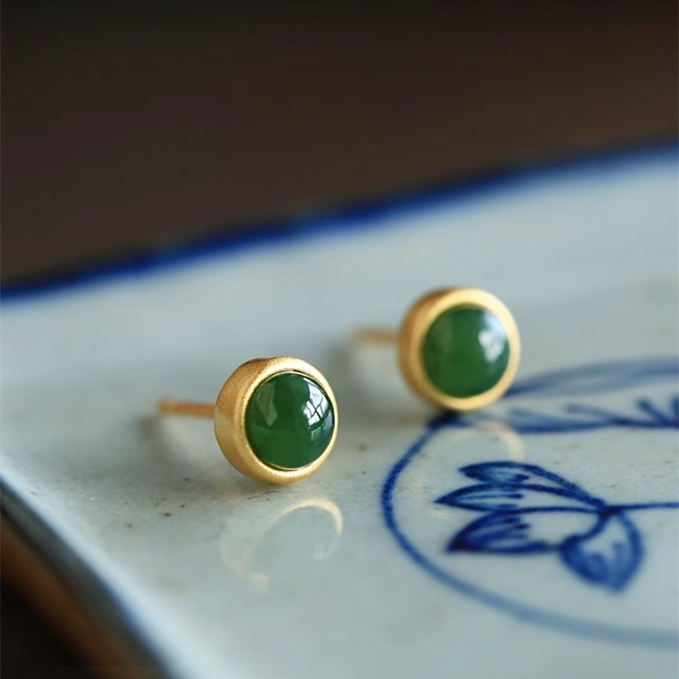 绿豆925银新中式碧玉旗袍耳钉