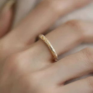 樱花925银古法浮雕实心素圈戒指女新中式复古小众精致开口食指环