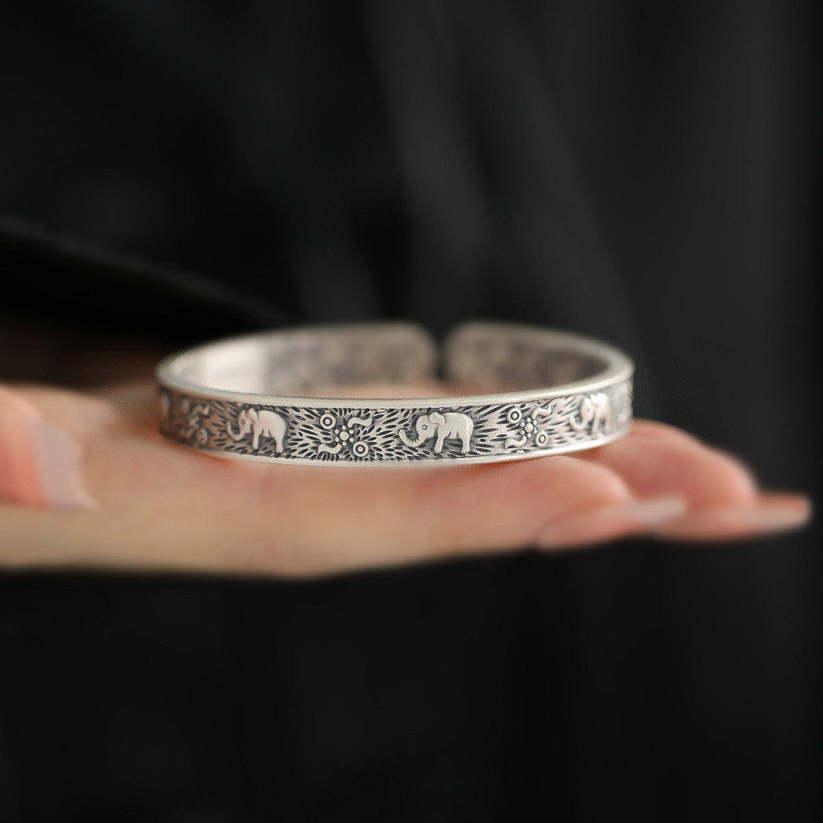 复古925银吉象开口手镯女国风新中式做旧小众高级感气质文艺手环