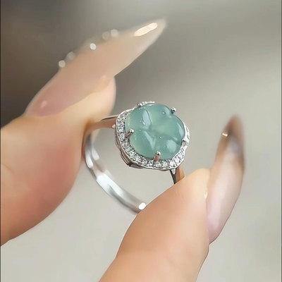925银天然蓝水翡翠花朵轻奢戒指