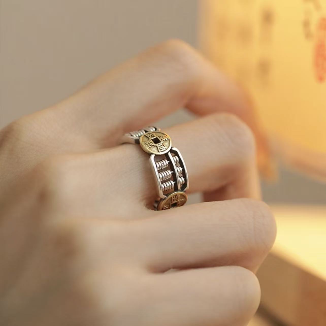 复古925银四方来财铜钱算盘戒指