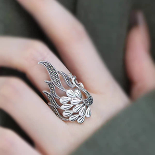 复古925银孔雀开屏戒指女新中式国风设计高级感开口可调节食指戒