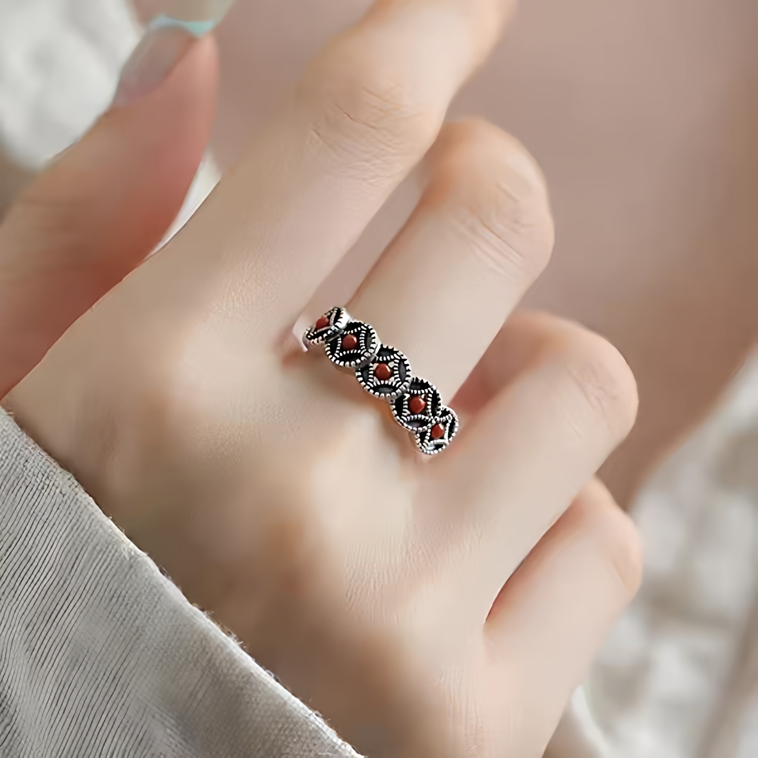 925银南红玛瑙铜钱币戒指复古做旧小众简约高级感开口开口食指戒