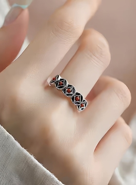 925银南红玛瑙铜钱币复古戒指女